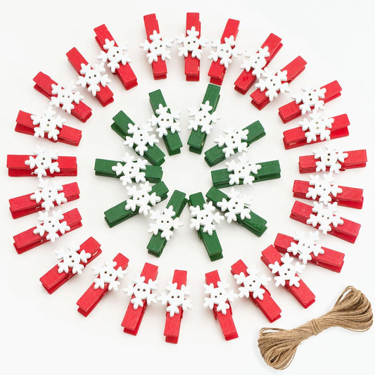 50 Pcs Christmas Clips Red Green Snowflake Christmas Wooden Clothespins with 32 Feet Jute Twine, Mini Wood V1258-DP02-B-3520