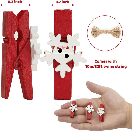 50 Pcs Christmas Clips Red Green Snowflake Christmas Wooden Clothespins with 32 Feet Jute Twine, Mini Wood V1258-DP02-B-3520