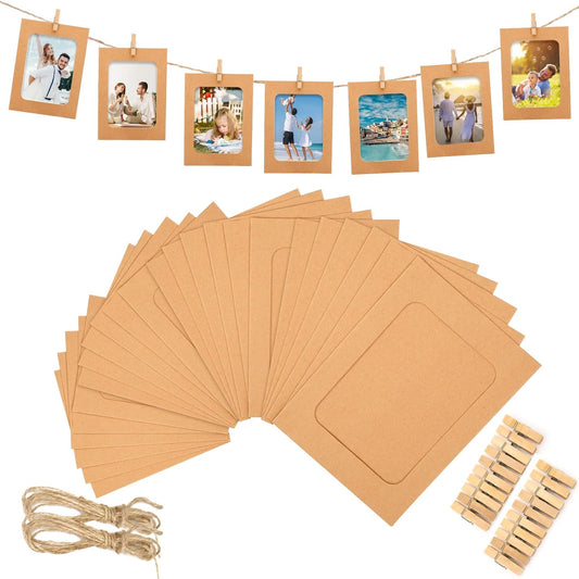 30Pcs Brown Paper Picture Frames, 4x6 inch Cardboard Photo Frames with Wooden Clips and String, DIY Picture V1258-DP02-B-3522