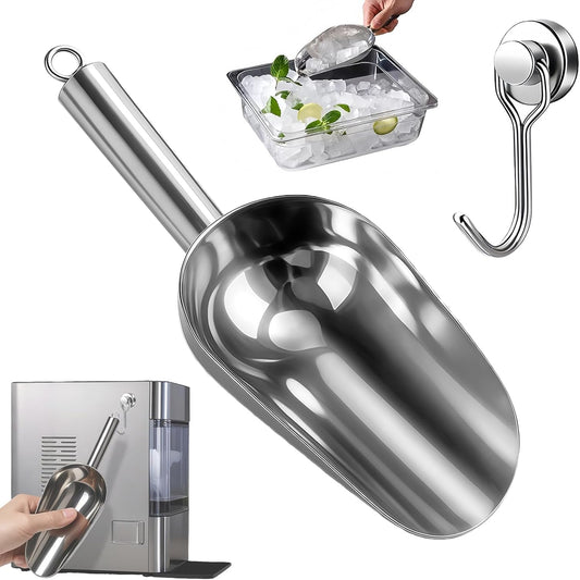 Ice Scoop for Freezer with Metal Hook Stainless Steel Ice Scooper for Ice Maker Metal Scooper for Kitchen V1258-DP02-B-3556