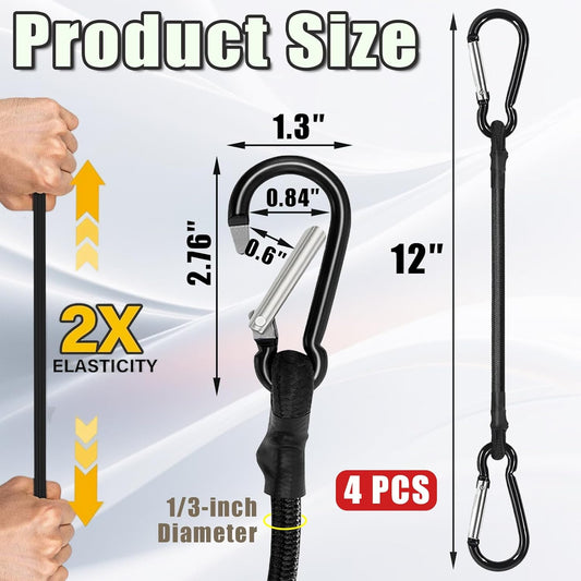4 Pack Bungee Cords with Carabiner Outdoor Climbing Bounce Rope Elastic Tie Down Straps with Hooks Mini Short V1258-DP02-B-3557