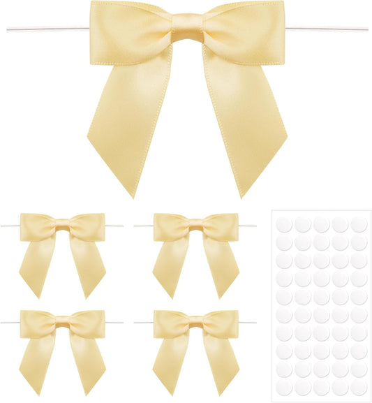 50Pcs Twist Tie Bows,3.5'' Champagne Gold Satin Ribbon Bows,Wedding Favor Ribbon Bows,Pre-Tied Champagne Gold V1258-DP02-B-356