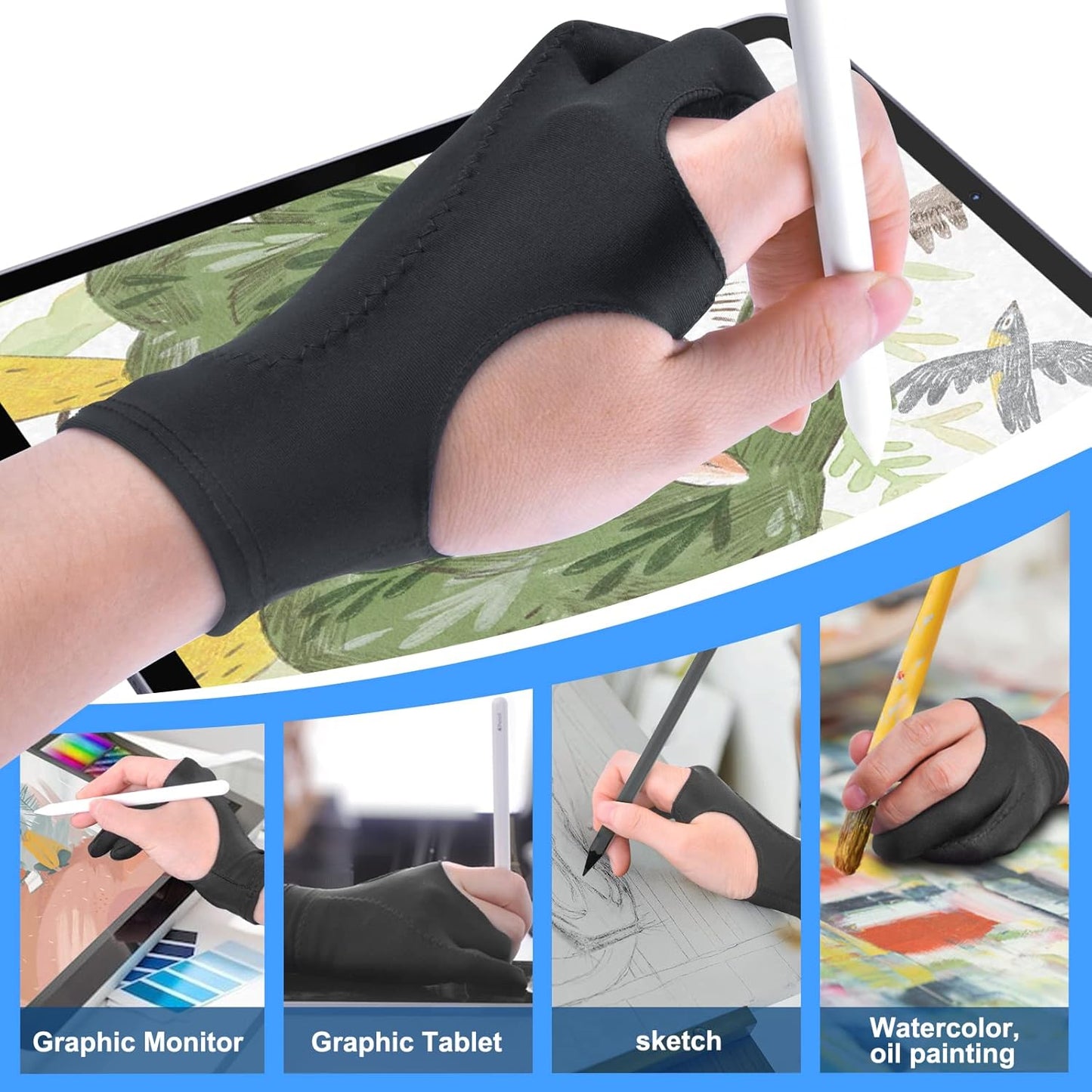 [Palm Rejection] Artist Drawing Glove 4 Pack iPad Gloves for Touch Screen PC Graphics Tablet Left and Right V1258-DP02-B-3569