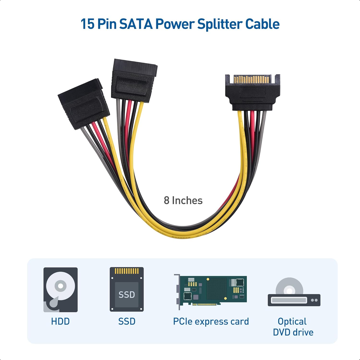 3-Pack 15 Pin SATA Power Splitter Cable - 8 Inches, SATA Power Y-Splitter Cable V1258-DP02-B-3592