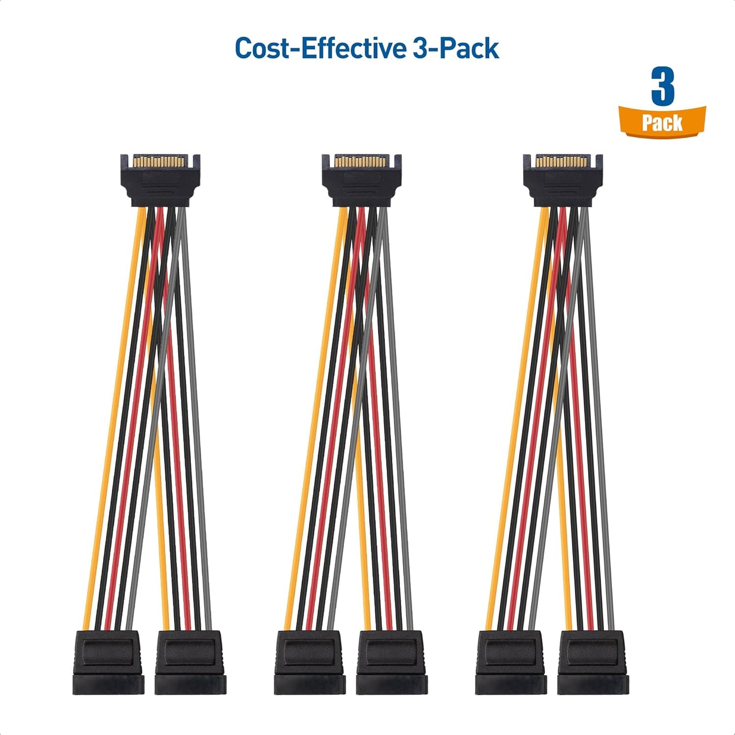 3-Pack 15 Pin SATA Power Splitter Cable - 8 Inches, SATA Power Y-Splitter Cable V1258-DP02-B-3592