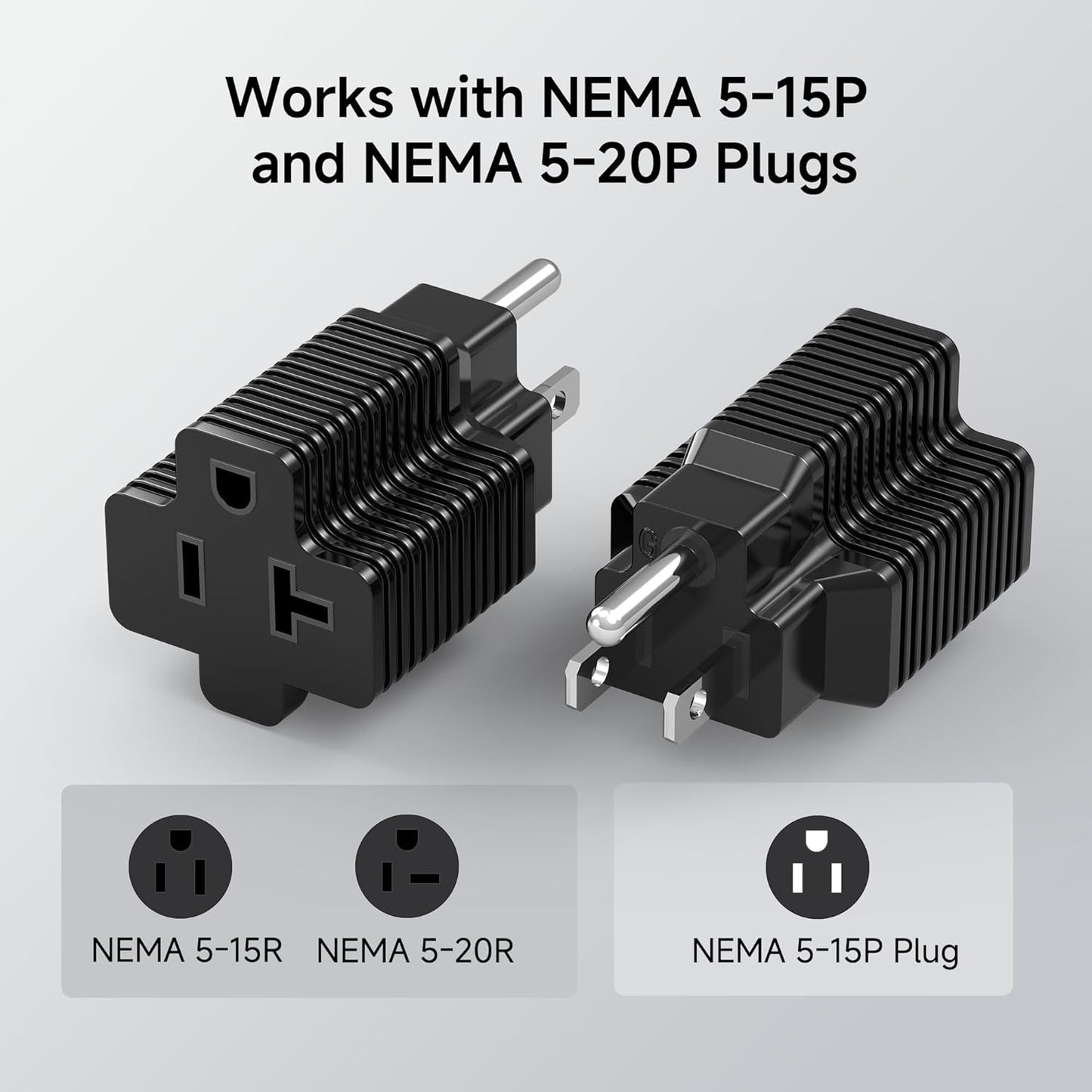 3-Pack 15 Amp to 20 Amp Adapter Plug, 20A to 15A Plug Adapter (NEMA 5-15 to 5-20R) in Black V1258-DP02-B-3595
