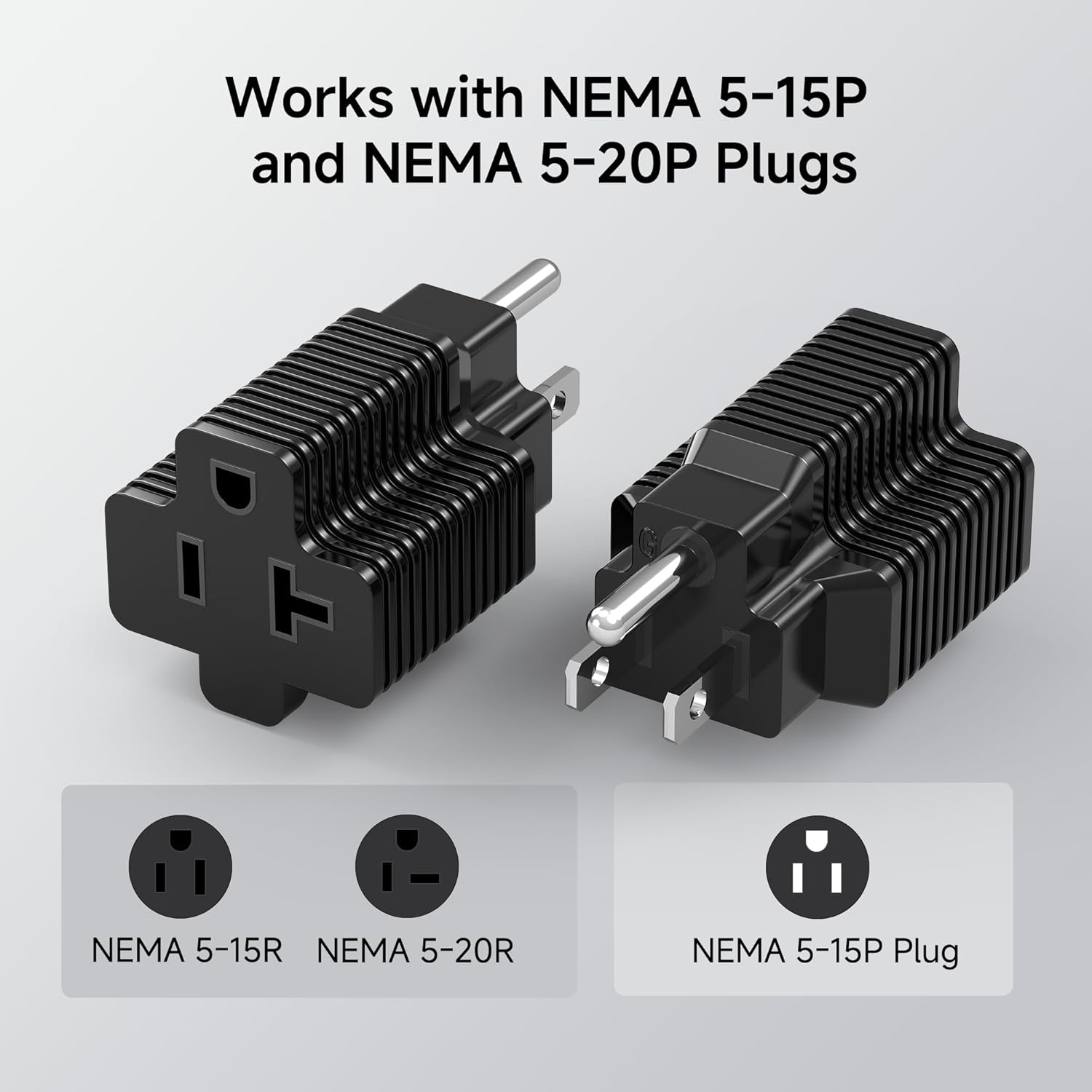 3-Pack 15 Amp to 20 Amp Adapter Plug, 20A to 15A Plug Adapter (NEMA 5-15 to 5-20R) in Black V1258-DP02-B-3595