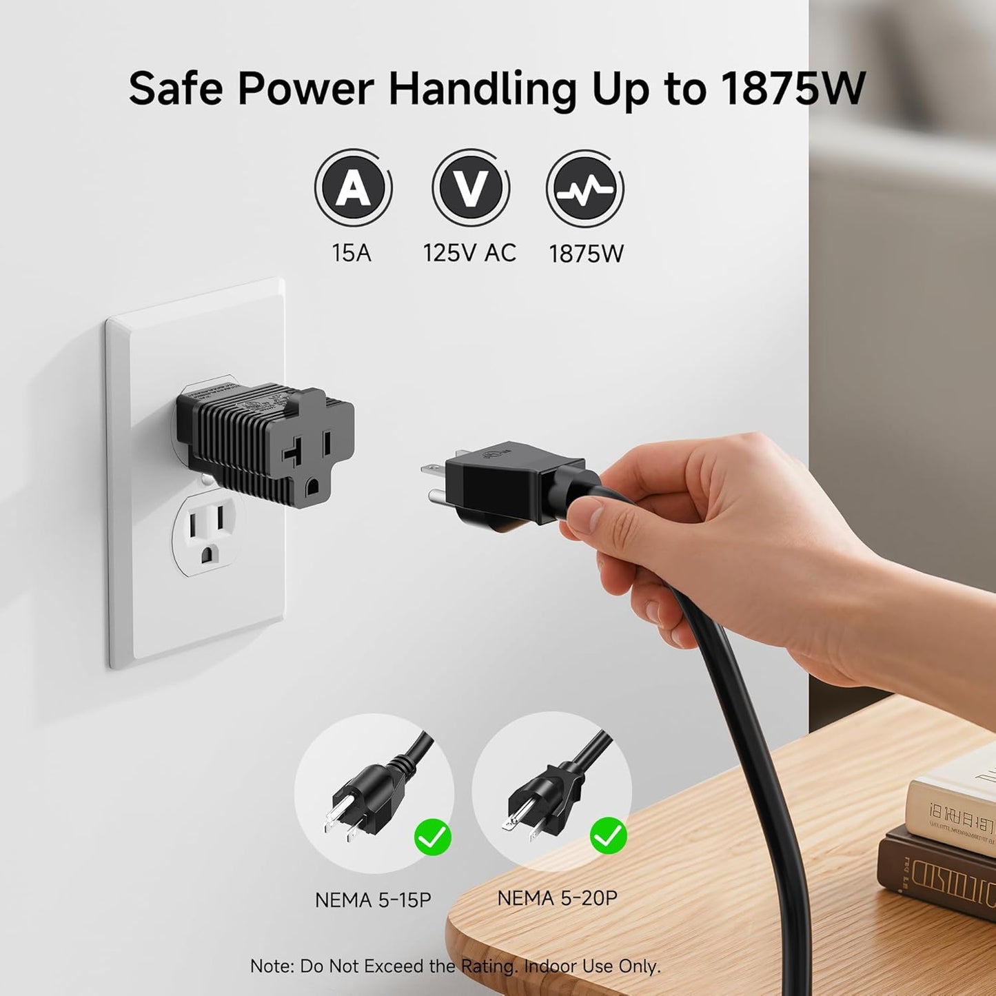 3-Pack 15 Amp to 20 Amp Adapter Plug, 20A to 15A Plug Adapter (NEMA 5-15 to 5-20R) in Black V1258-DP02-B-3595