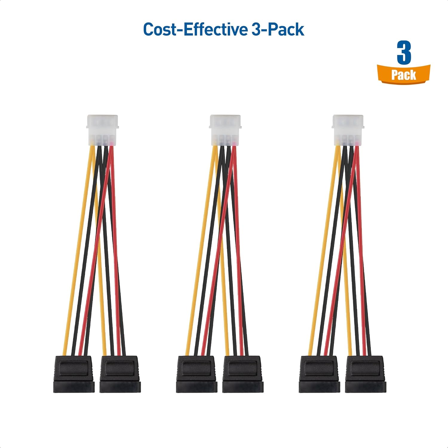 3-Pack 4 Pin Molex to Dual SATA Power Y-Cable Adapter- 6 Inches V1258-DP02-B-3607
