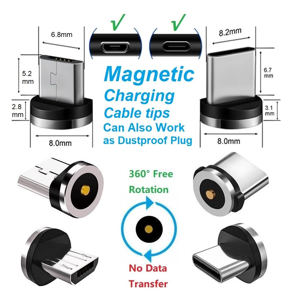 2in1 10pcs Magnetic Charging Tips, 360 Rotate Tips for USB-C/Micro Ports, Water-dustproof, No Cord, Non-Data V1258-DP02-B-3634