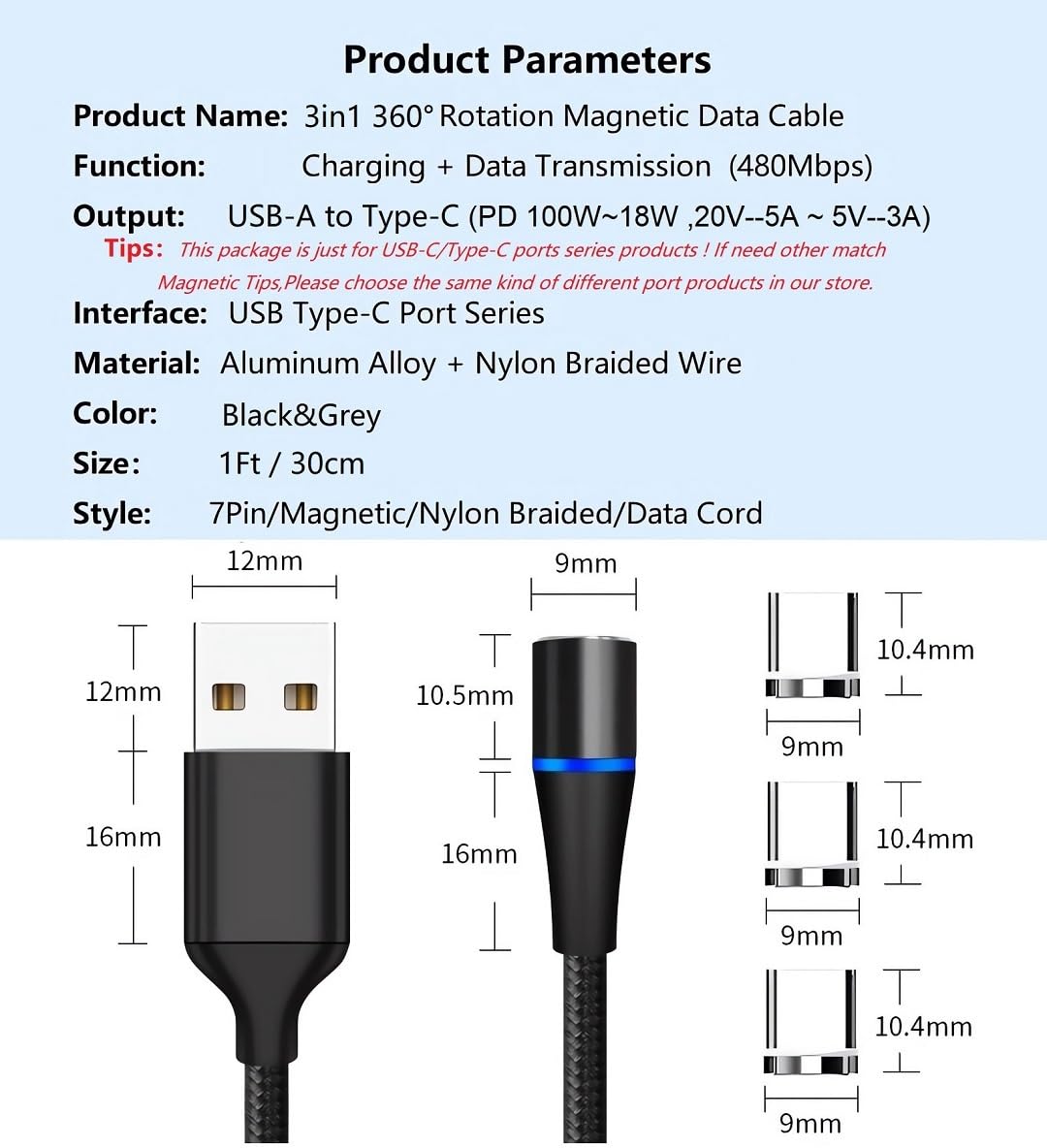 Magnetic Charging Cable 7Pin Sereis 2Pack 1Ft USB-C Short Cable Sets-Fast Charging Compatible for USB Type-C V1258-DP02-B-3641