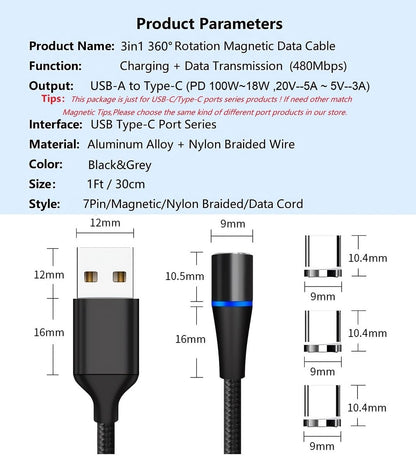 Magnetic Charging Cable 7Pin Sereis 2Pack 1Ft USB-C Short Cable Sets-Fast Charging Compatible for USB Type-C V1258-DP02-B-3641