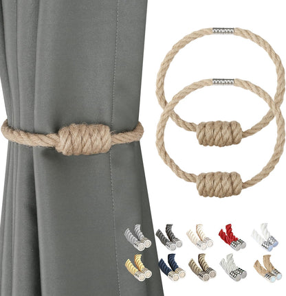 Magnetic Jute Curtain Tiebacks, Decorative Drapery Holdbacks Bohemian Style Woven Tie-Backs with Exquisite V1258-DP02-B-3701