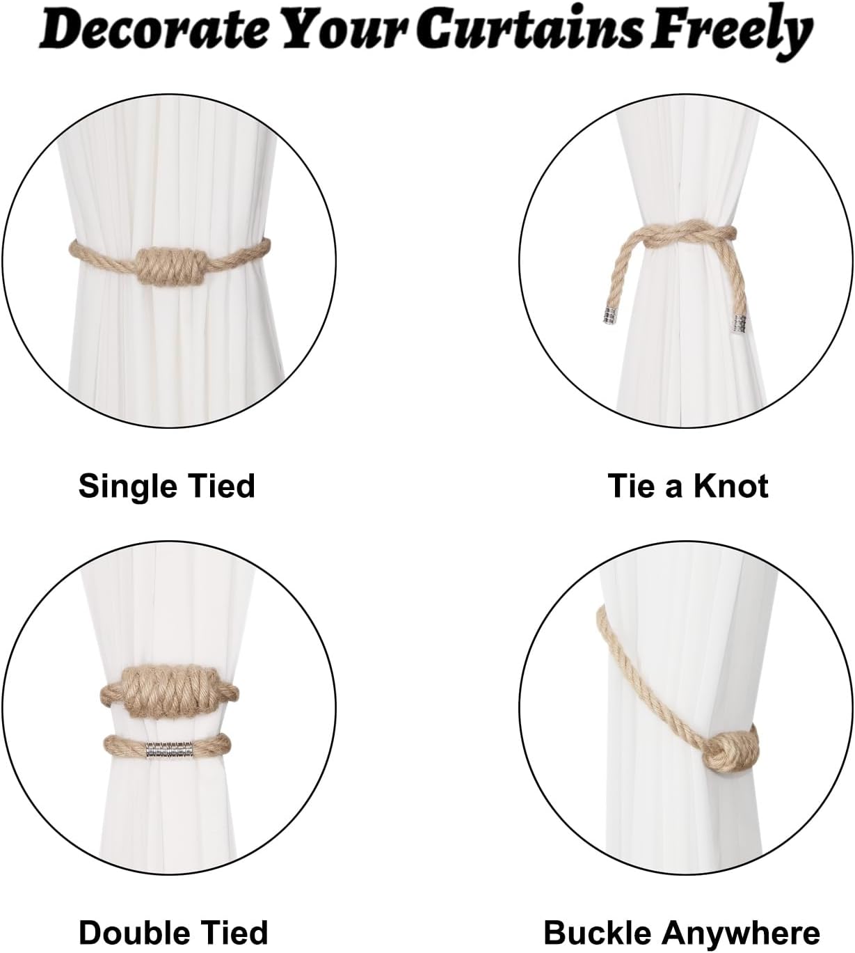 Magnetic Jute Curtain Tiebacks, Decorative Drapery Holdbacks Bohemian Style Woven Tie-Backs with Exquisite V1258-DP02-B-3701