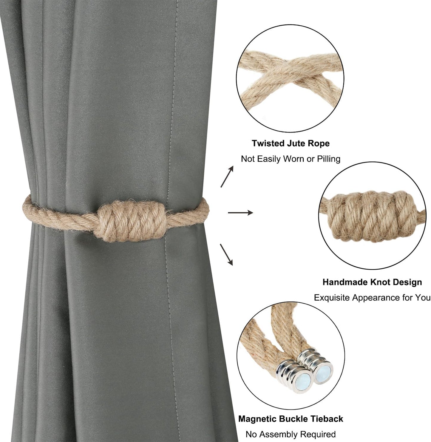 Magnetic Jute Curtain Tiebacks, Decorative Drapery Holdbacks Bohemian Style Woven Tie-Backs with Exquisite V1258-DP02-B-3701