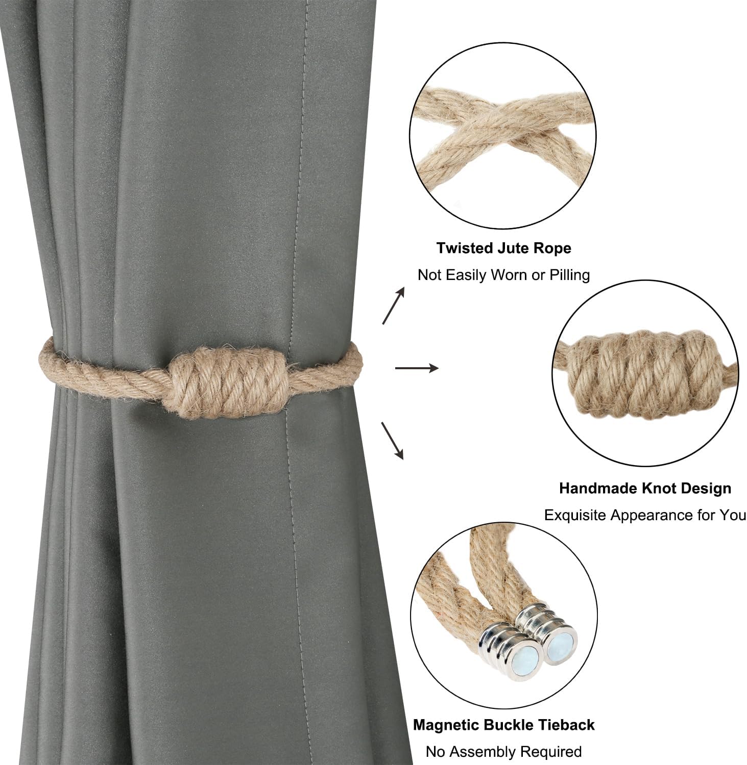 Magnetic Jute Curtain Tiebacks, Decorative Drapery Holdbacks Bohemian Style Woven Tie-Backs with Exquisite V1258-DP02-B-3701