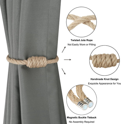 Magnetic Jute Curtain Tiebacks, Decorative Drapery Holdbacks Bohemian Style Woven Tie-Backs with Exquisite V1258-DP02-B-3701