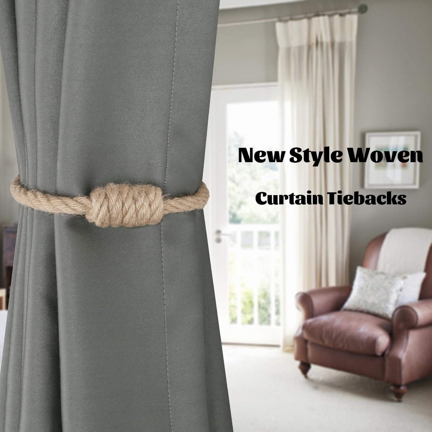 Magnetic Jute Curtain Tiebacks, Decorative Drapery Holdbacks Bohemian Style Woven Tie-Backs with Exquisite V1258-DP02-B-3701