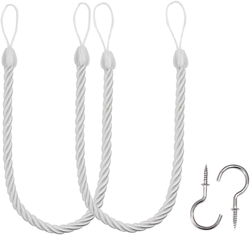Curtain Ropes Tiebacks Tie-Backs, Curtain Handmade Holdbacks with 2 Metal Screw Hooks - White 2 Pack V1258-DP02-B-3702