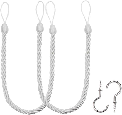 Curtain Ropes Tiebacks Tie-Backs, Curtain Handmade Holdbacks with 2 Metal Screw Hooks - White 2 Pack V1258-DP02-B-3702