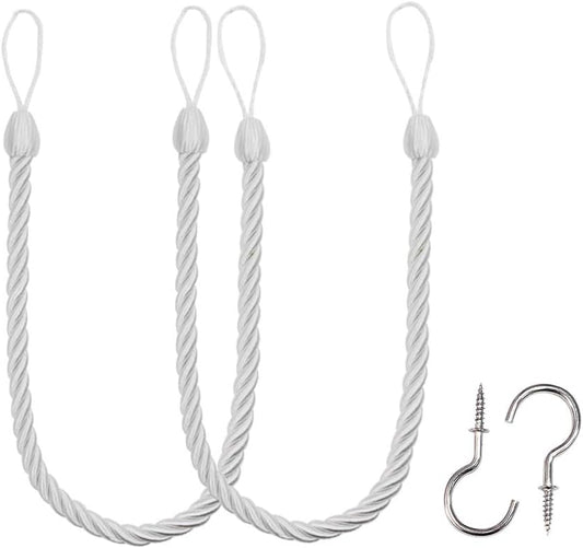 Curtain Ropes Tiebacks Tie-Backs, Curtain Handmade Holdbacks with 2 Metal Screw Hooks - White 2 Pack V1258-DP02-B-3702