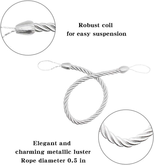 Curtain Ropes Tiebacks Tie-Backs, Curtain Handmade Holdbacks with 2 Metal Screw Hooks - White 2 Pack V1258-DP02-B-3702