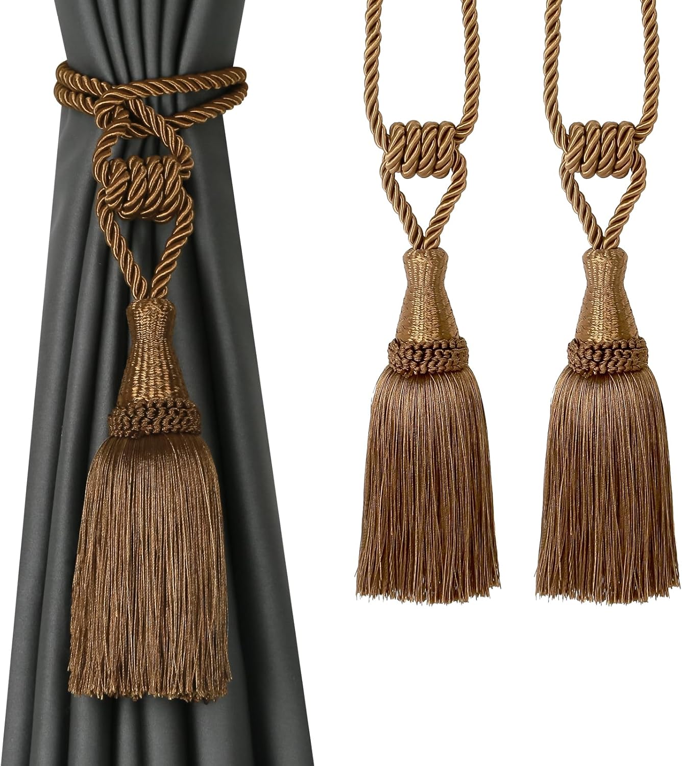 Curtain Tiebacks Handmade Holdbacks for Curtains Drape Decorative Tie Backs with Tassels(Coffee, 2 Pack) V1258-DP02-B-3711