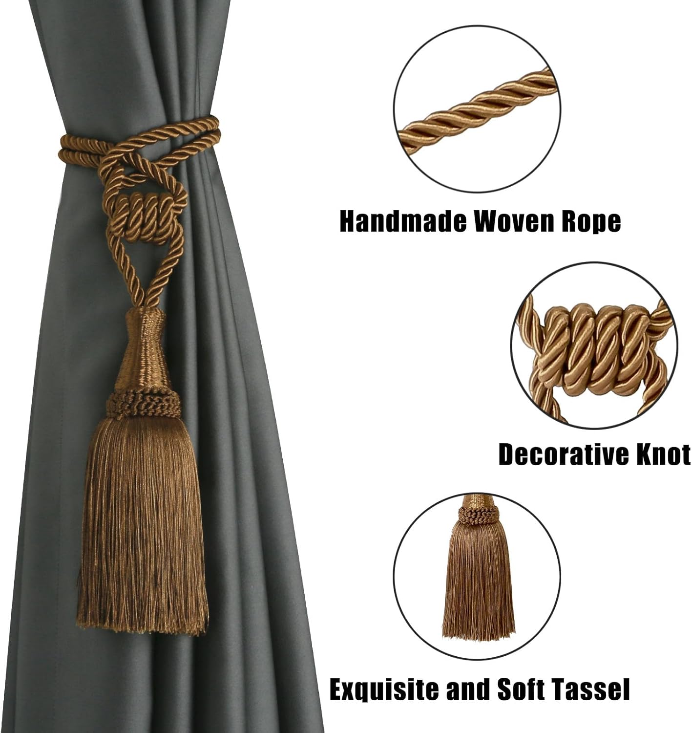 Curtain Tiebacks Handmade Holdbacks for Curtains Drape Decorative Tie Backs with Tassels(Coffee, 2 Pack) V1258-DP02-B-3711