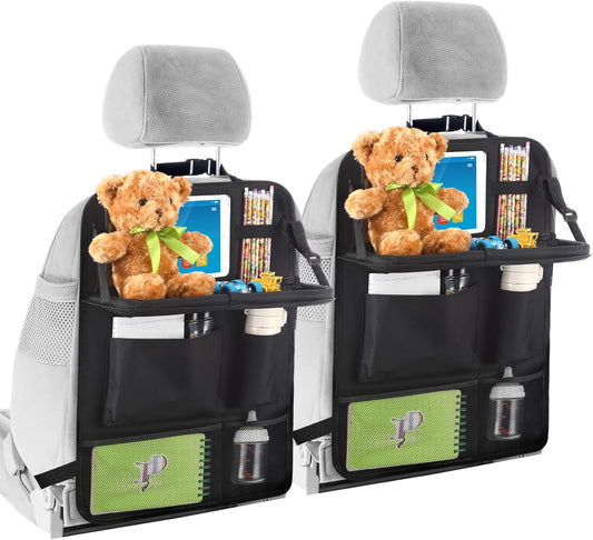 2 Pcs Backseat Car Organizers with Table Tray, 6 Storage Pockets Car Organizer with Tablet Holder, Kick Mats V1258-DP02-B-3734