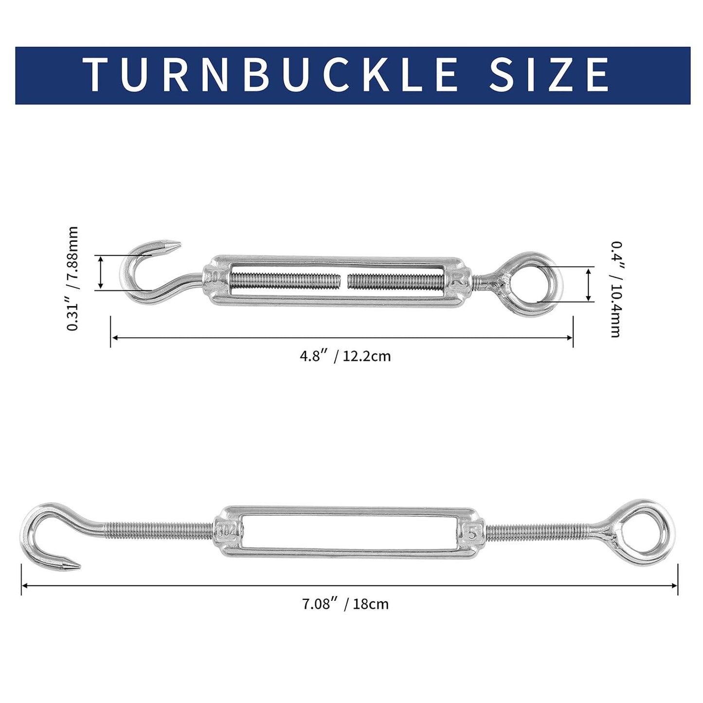 5pcs M5 Stainless Steel 304 Hook & Eye Turnbuckles Adjustable Wire Rope Tensioner V1258-DP02-B-3740