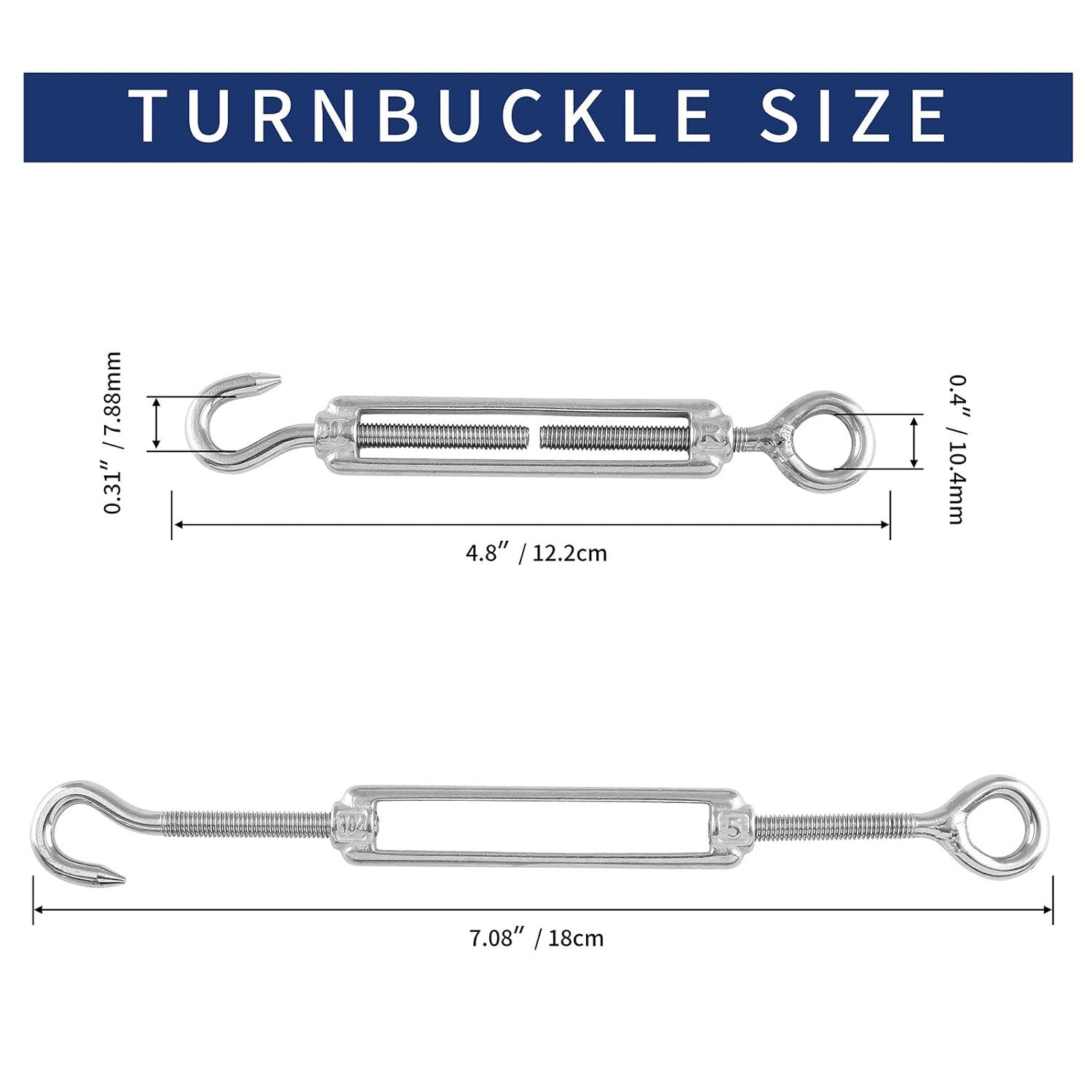 5pcs M5 Stainless Steel 304 Hook & Eye Turnbuckles Adjustable Wire Rope Tensioner V1258-DP02-B-3740