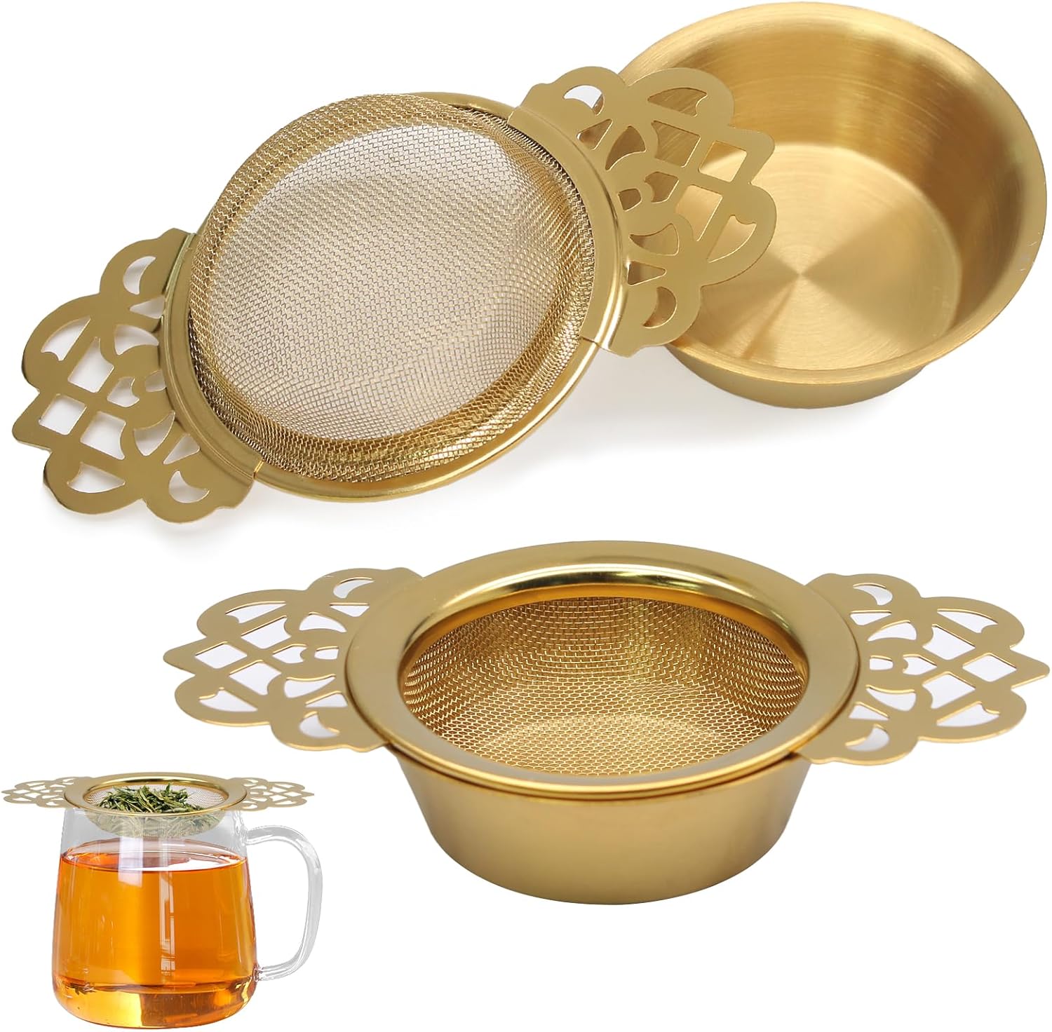 2 Pack Tea Strainers with Drip Bowls Stainless Steel Mesh Tea Infusers Loose Leaf Tea Filter with Handles Tea V1258-DP02-B-3747