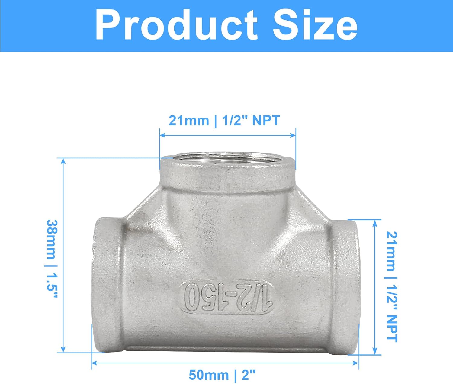 2 PCS 1/2 Inch Female NPT Tee Pipe Adapter Cast Pipe Fitting, Stainless Steel 3-Way T Shaped Pipe Fitting V1258-DP02-B-3749