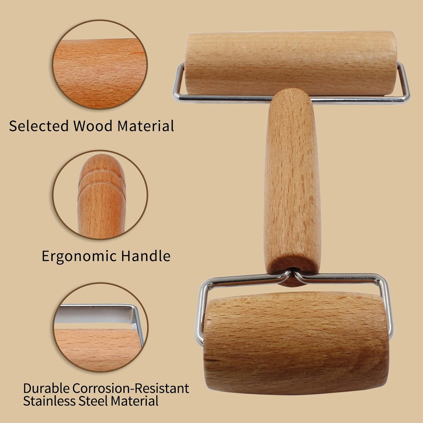Wooden Rolling Pin, Ergonomic Non-Stick Pizza Baker Dough Pastry Roller for Kitchen Home Cooking Baking (H V1258-DP02-B-3759