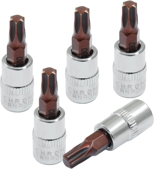 5 Pcs T30 Torx Bit Socket 1/4" Drive S2 Alloy Steel Cr-V Steel Star Socket Torx Bits Set Use with Slide Bar, V1258-DP02-B-3766