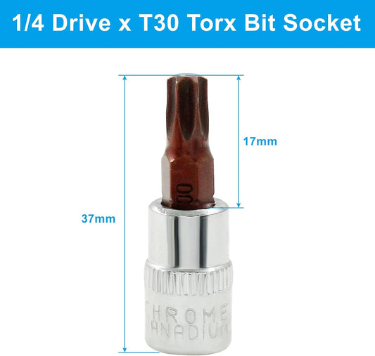 5 Pcs T30 Torx Bit Socket 1/4" Drive S2 Alloy Steel Cr-V Steel Star Socket Torx Bits Set Use with Slide Bar, V1258-DP02-B-3766