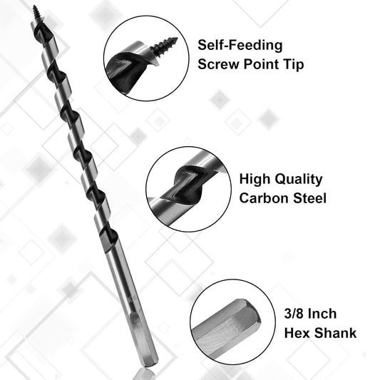 3/8" x 8" Wood Auger Drill Bit with 3/8 Inch Hex Shank Ship Auger Bit, Perfect for Soft & Hard Wood, Plastic, V1258-DP02-B-3769