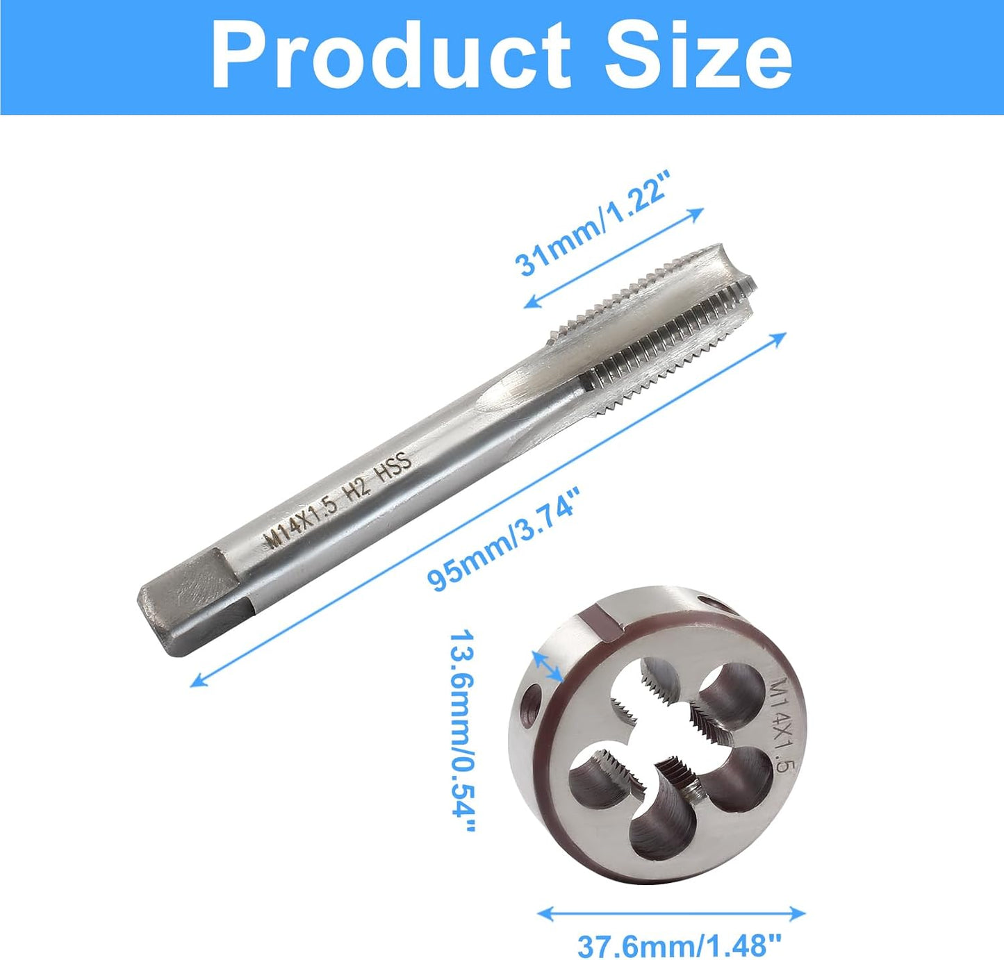 M14 x 1.5 HSS Metric Thread Tap and Die Set, Right Hand Machine Thread Tap and Round Die V1258-DP02-B-3780