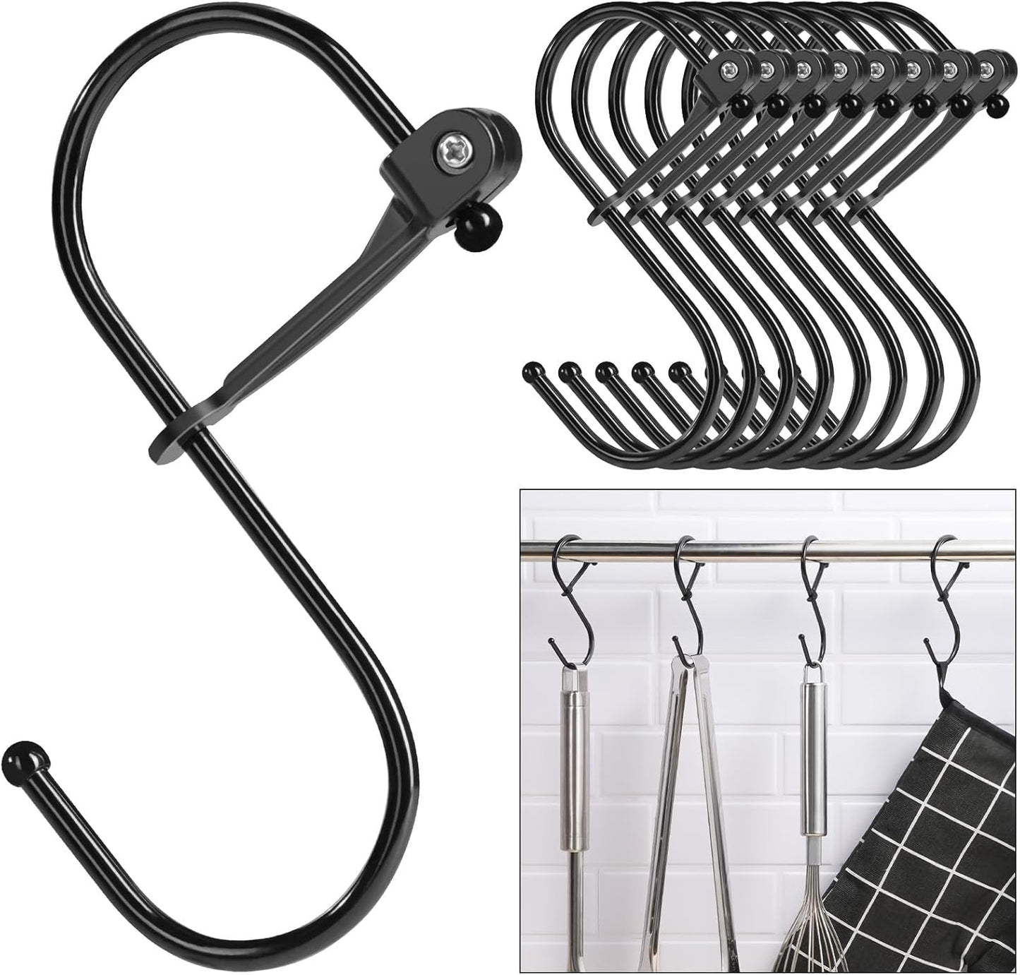 S Hooks, 8pcs 3.5 Inches Metal Safety Buckle S Shaped Hooks for Kitchen, Bathroom, Closet(Black) V1258-DP02-B-379