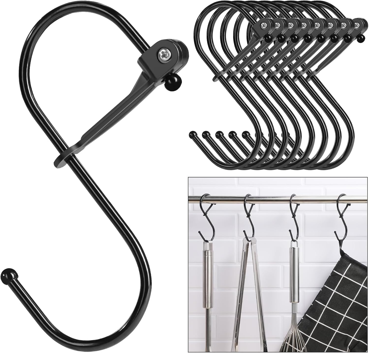 S Hooks, 8pcs 3.5 Inches Metal Safety Buckle S Shaped Hooks for Kitchen, Bathroom, Closet(Black) V1258-DP02-B-379