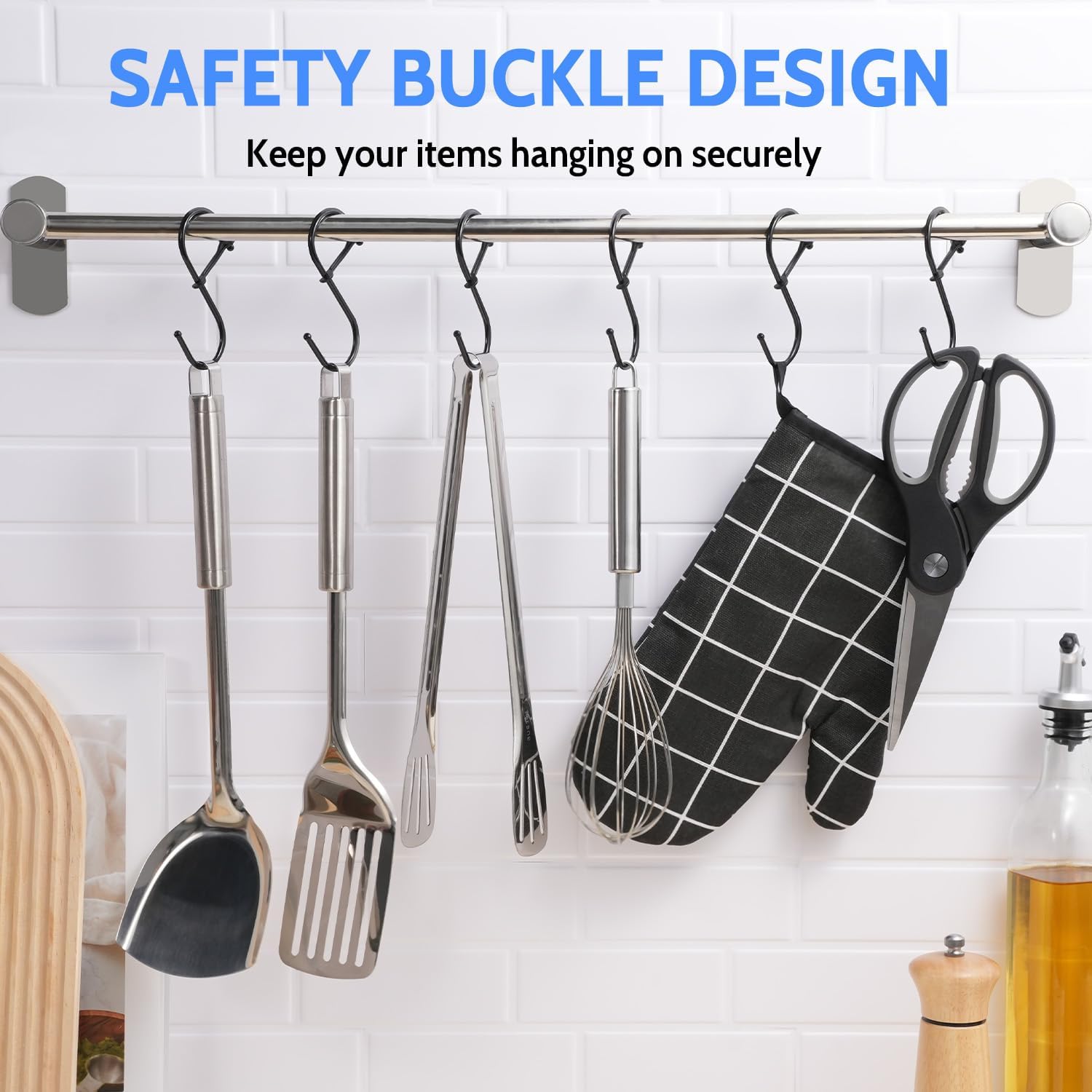 S Hooks, 8pcs 3.5 Inches Metal Safety Buckle S Shaped Hooks for Kitchen, Bathroom, Closet(Black) V1258-DP02-B-379
