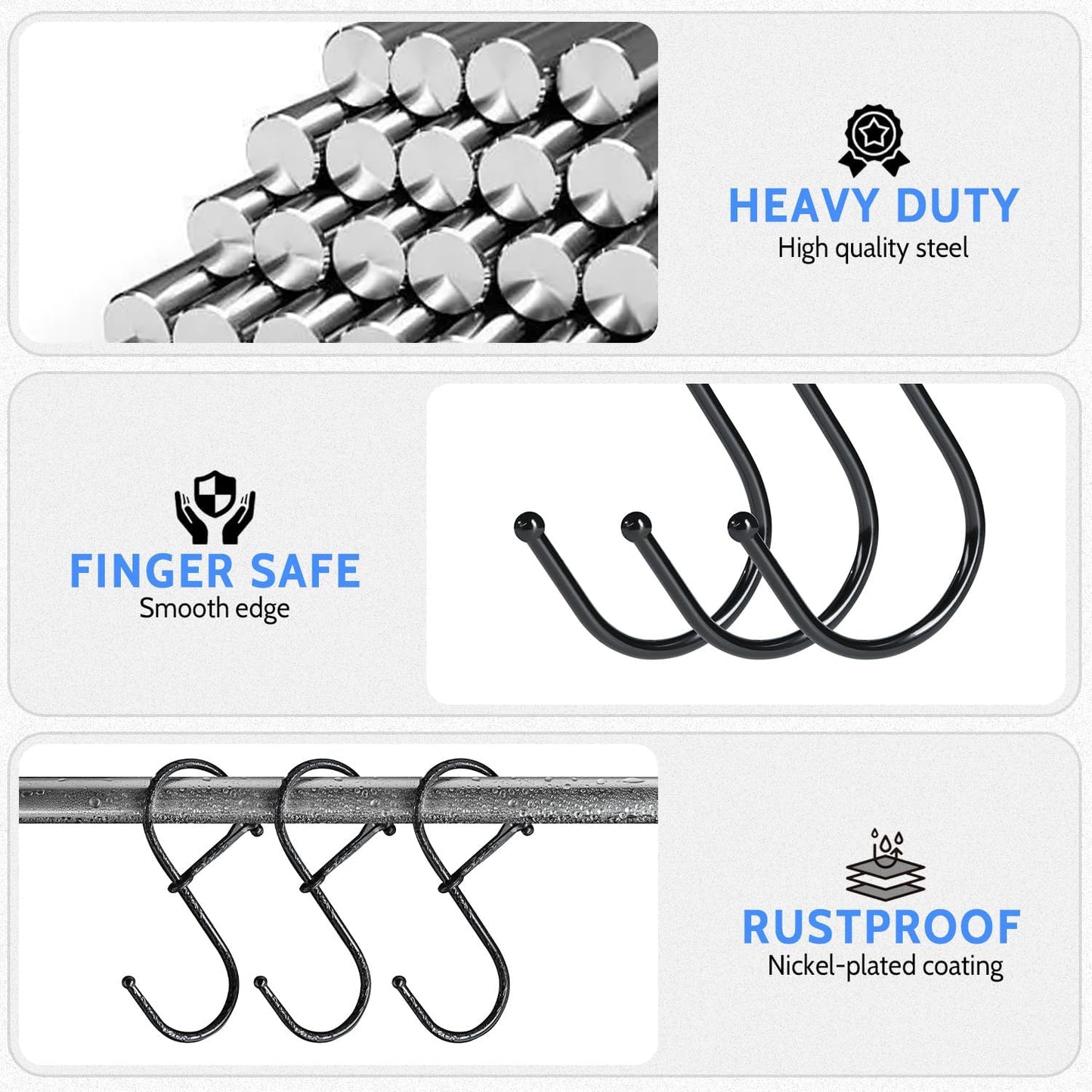 S Hooks, 8pcs 3.5 Inches Metal Safety Buckle S Shaped Hooks for Kitchen, Bathroom, Closet(Black) V1258-DP02-B-379