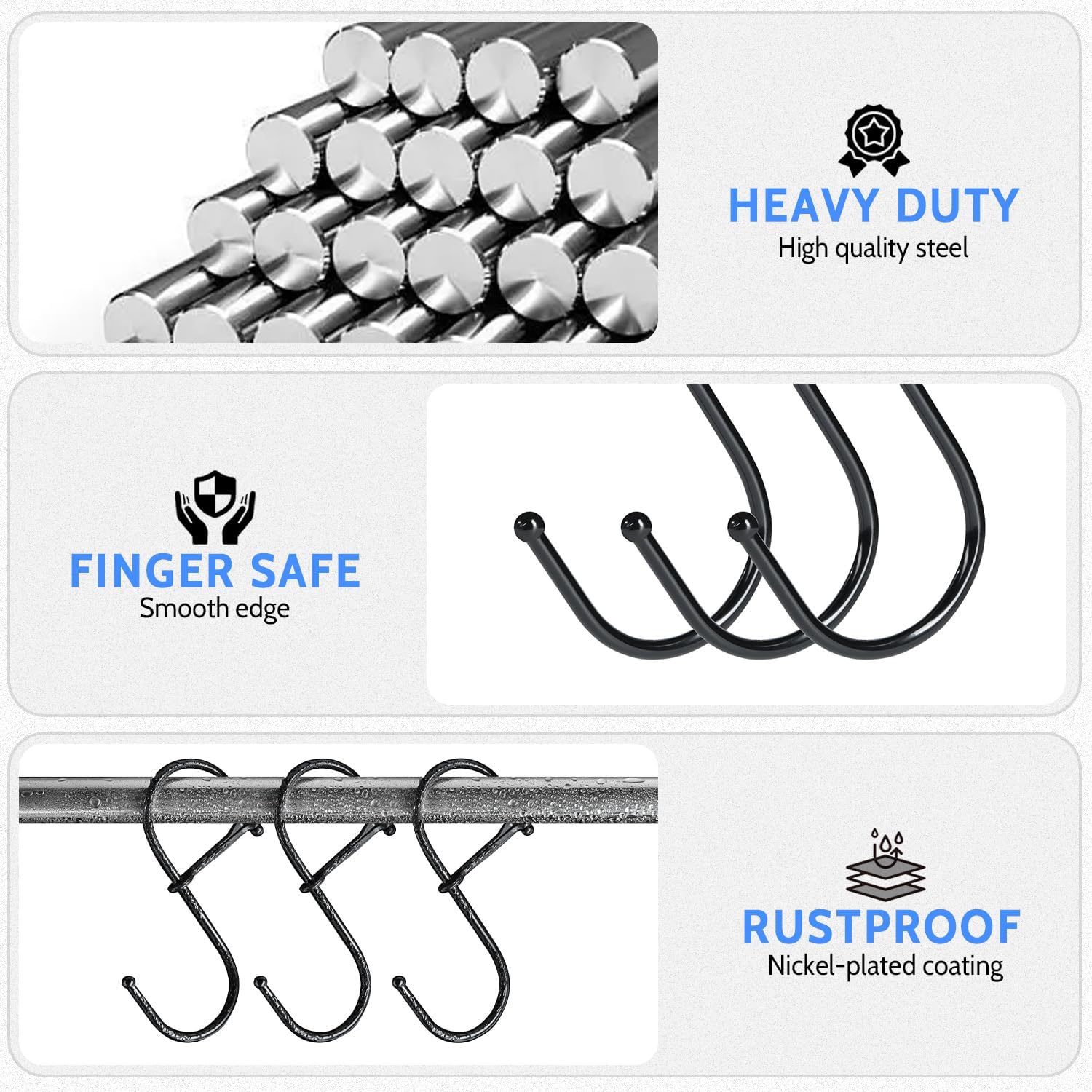 S Hooks, 8pcs 3.5 Inches Metal Safety Buckle S Shaped Hooks for Kitchen, Bathroom, Closet(Black) V1258-DP02-B-379