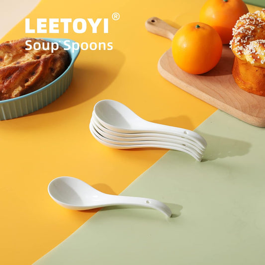 Asian Soup Spoons Set of 6, Ceramic Japanese Soup Spoons, Ramen Spoon for Cereal Wonton Dumpling V1258-DP02-B-38