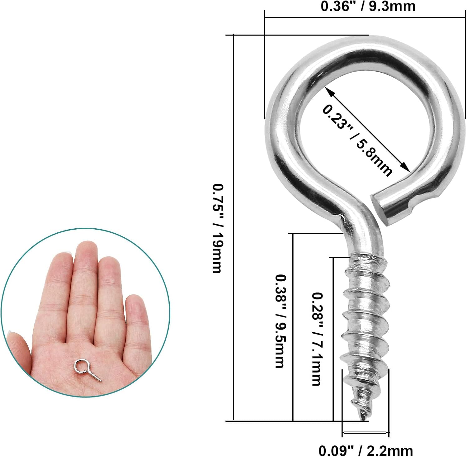 100pcs 3/4 Inch Eye Hooks Screw, #1 x 3/4 Inch Eyes Screws Small Metal Screw Hooks V1258-DP02-B-3800