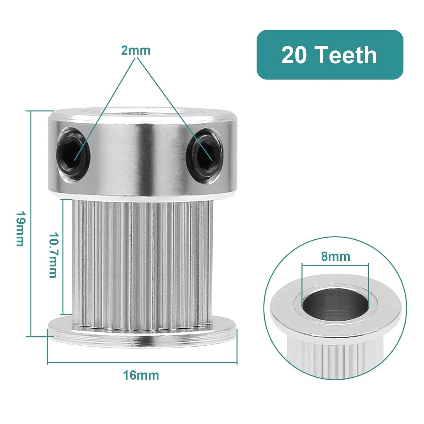 5pcs GT2 Pulley 20 Teeth 8mm Bore Fit 10mm Belt Width, Aluminum Timing Pulley Wheel Synchronous Wheels Gear V1258-DP02-B-3801