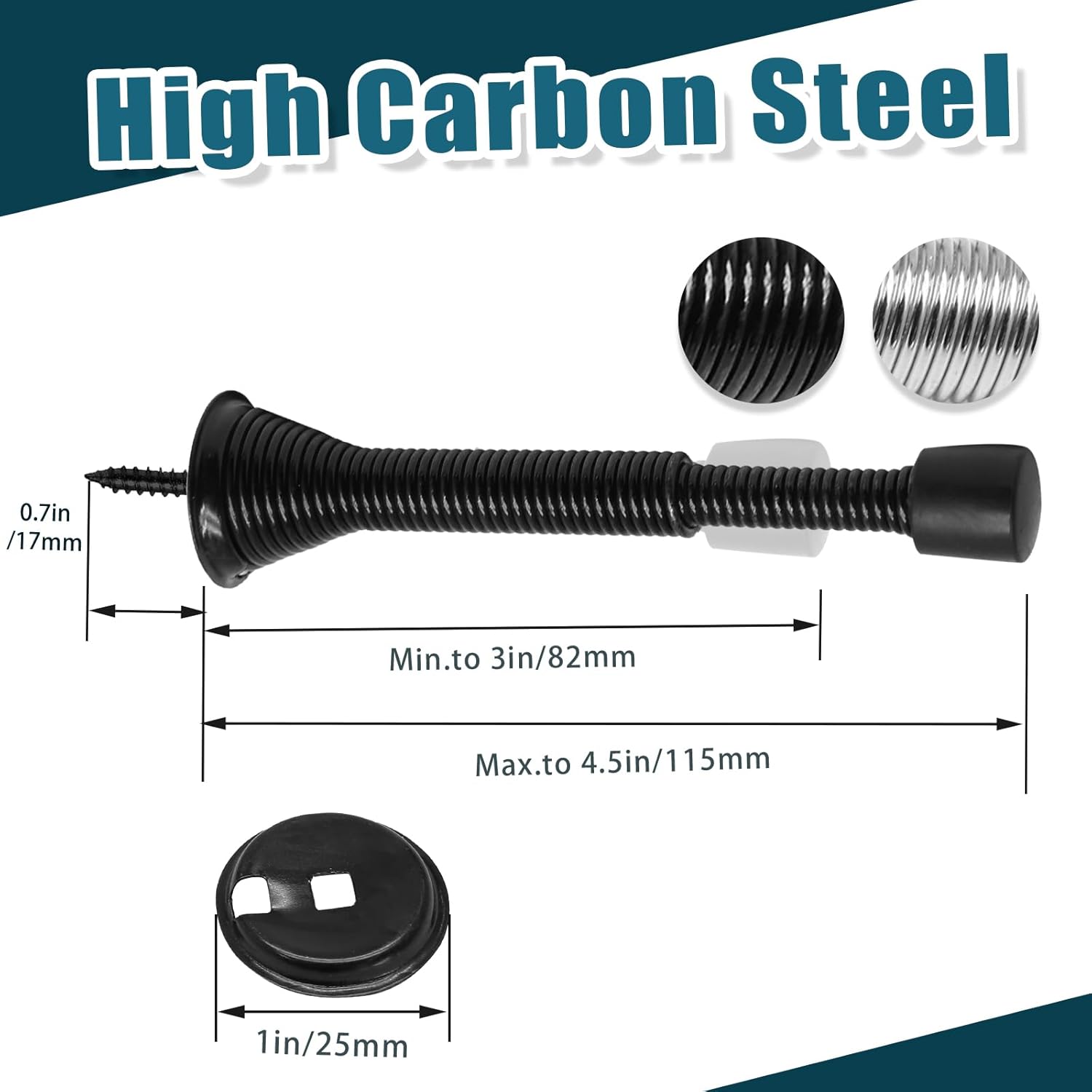 6 Pack Spring Door Stoppers with Rubber Bumper, 3 to 4 Inch Adjustable Spring Steel Door Stoppers, Flexible V1258-DP02-B-3816