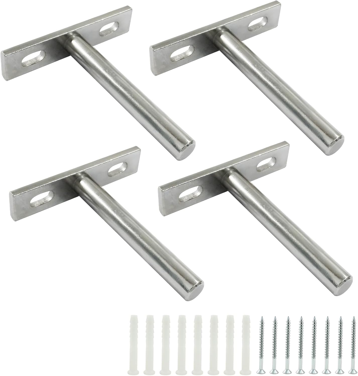 4 Pcs Hidden Floating Shelf Brackets, 3 Inch, Silver, Steel, Wall Mount, Screws and Wall Plugs Included V1258-DP02-B-3825