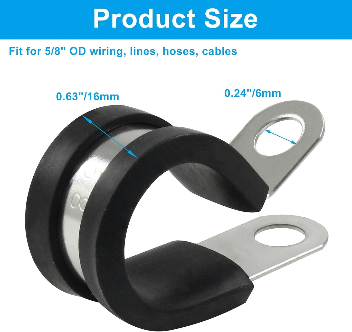 20 PCS 5/8 Inch Cable Clamp 304 Stainless Steel Pipe Clamp, Rubber Cushioned Insulated V1258-DP02-B-3826