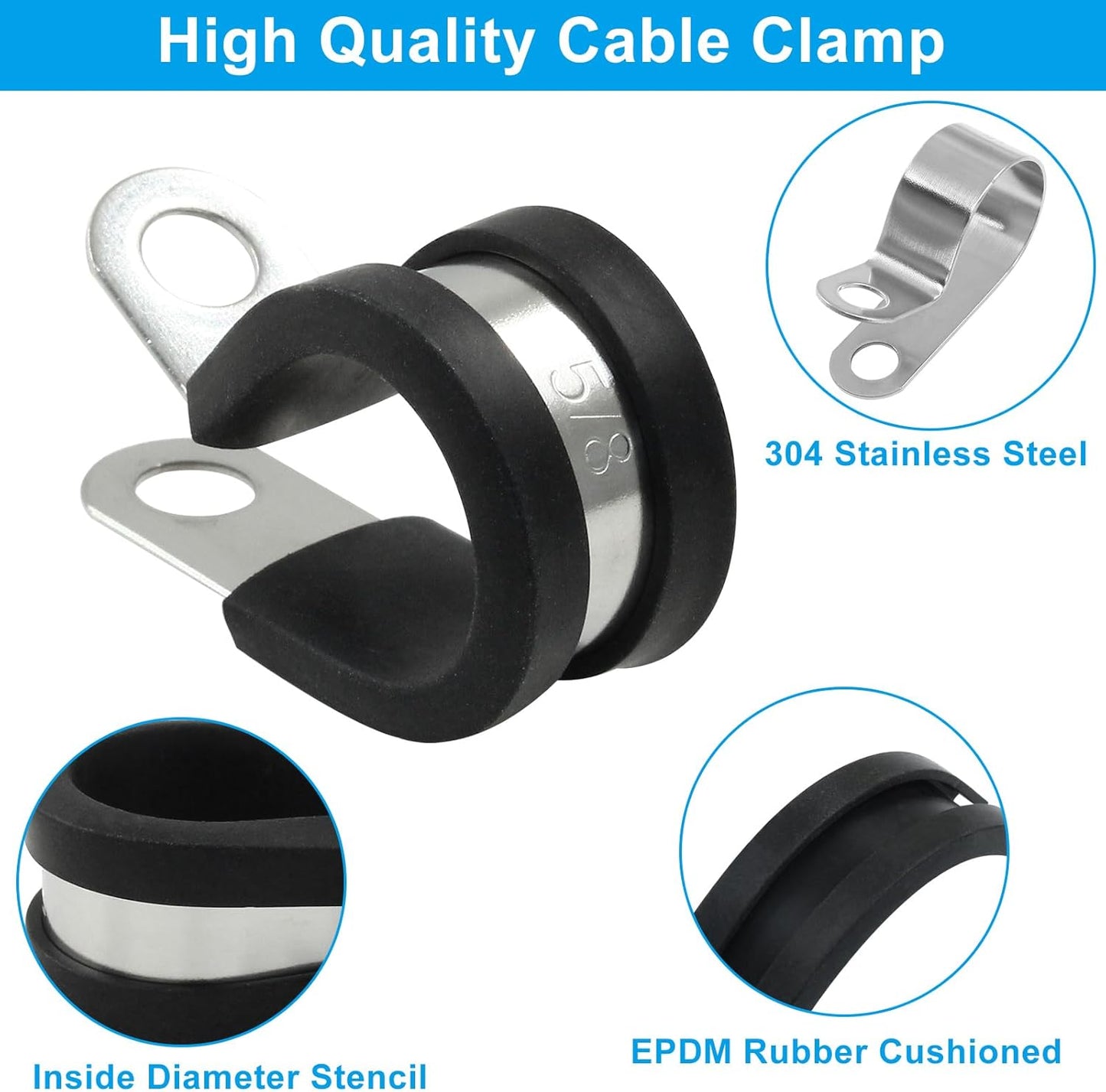 20 PCS 5/8 Inch Cable Clamp 304 Stainless Steel Pipe Clamp, Rubber Cushioned Insulated V1258-DP02-B-3826